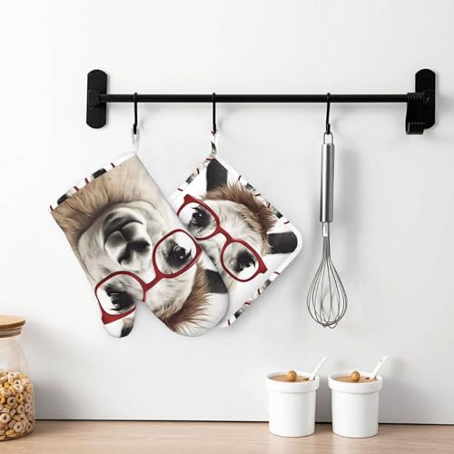 KHiry Oven Mitts and Pot Holders Sets Heat Resistant Oven Mitt Llama with Glasses Oven Gloves for BBQ Non-Slip Pot Holders Oven Glove for Baking Cooking Oven