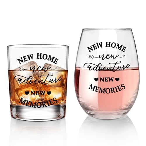 ONEHAUS New Home New Adventures Coffret cadeau verre à vin et whisky – Cadeau de pendaison de crémaillère unique pour les nouveaux propriétaires – Idée cadeau pour nouvelle maison pour homme et femme