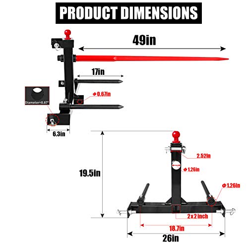 3 Point Trailer Hitch Quick Attach Bale Spear With 2" Receivers, 49” Hay Bale Spear And 2 X 17” Stabilizer Spears 3000Lbs Capacity With 1-7/8'' Trailer Ball Drawbar Fit Category 1 Tractors #TOP1