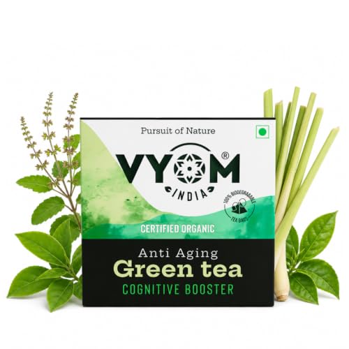 Image of VYOM INDIA Organics Green Tea For Weight Loss - 15 Bags | Anti Aging, Cognitive Booster, Strengthen The Function Of Brain, Reduces Stress, Boost Metabolism | Tulsi & Lemongrass Flavour