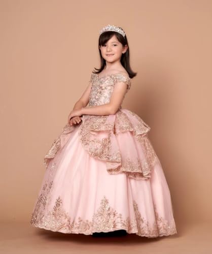 Mollybridal 2025 Off Shoulder Ball Gown Layers Gold Embellishment Mini Quinceanera Flower Girl Dresses for Toddler Teens3