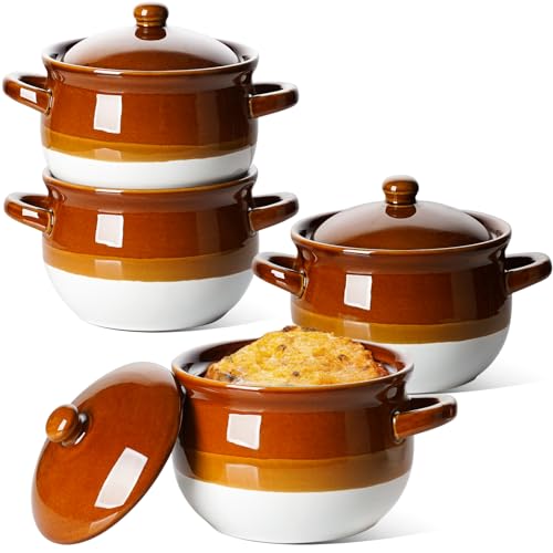 LE TAUCI French Onion Soup Bowls with Lid, 22 Oz French Onion Soup Crocks Oven Safe Ceramic Soup Bowls with Handles for Soup, Chili, Beef Stew, Cereal, Pot Pies, Set of 4 by LE TAUCI - Used condition - US$37.99