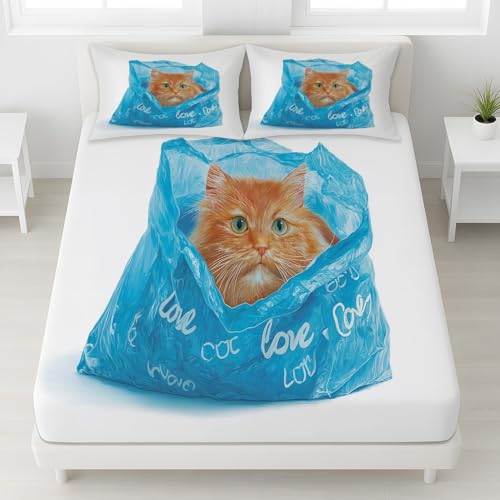 Sábanas bajeras abstractas tamaño Queen con bolsillo elástico extra profundo, sábana bajera suave, sábanas de animales (152 x 200 x 30 pulgadas, bolsa de plástico de gato)
