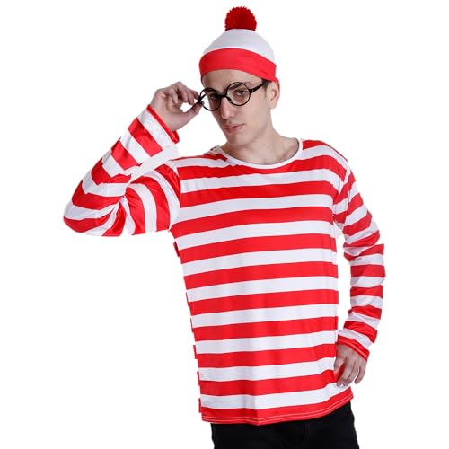 Carnavalife Disfraz Wally con gafa y gorro donde esta waldo disfraz hombre mujer unisex Carnaval Halloween Veneciana Gondola (S/M, Hombre)