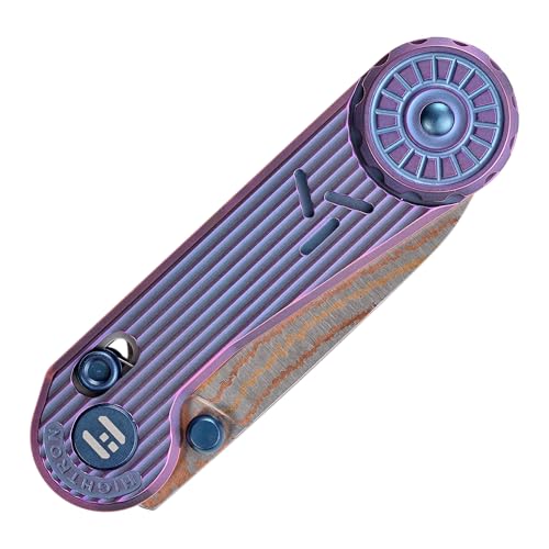 Hightron EdgePlay Premium Fidget Knife 2.64" Copper Damascus Blade and Titanium Handle Tactical EDC Knives with Pocket Clip Axle Lock for Men Women Li