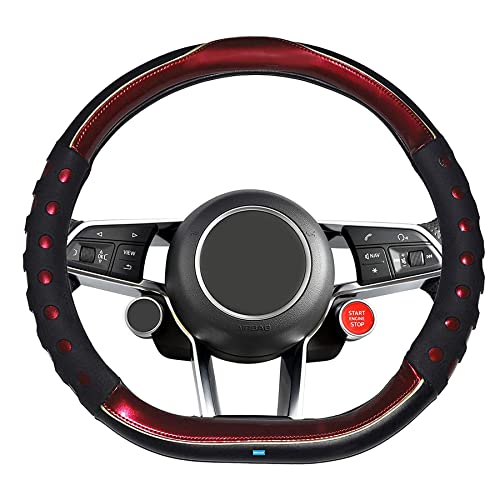 Image of NIKAVI Fashion Steering Wheel Cover - Red Color | Size - Medium | Diameter 38 cm | D-Type | Car Steering Wheel Protector, Anti-Slip, Stylish Leather Finish Grip Cover for Flat Bottom Wheels
