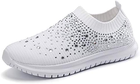 GOSPT Women's Mesh Walking Shoes Rhinestone Glitter Slip On Ballroom Jazz Latin Dance Sock Sneakers White 8
