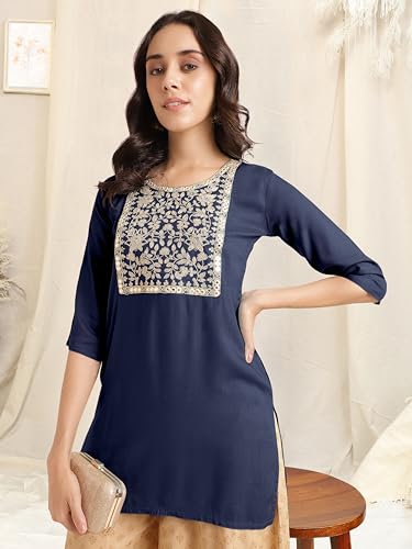 Image of MIRCHI FASHION Women's Straight Fit Rayon Sequins Embroidered and Polka Dots Printed Kurti Only