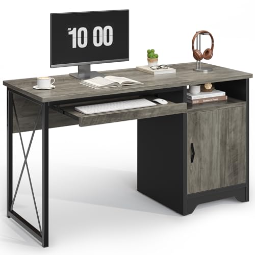 Image of Bestier 47-Inch Office Desk with Storage Cabinet & Keyboard Tray, Grey | 47 Inch Desktop, Right Storage Cabinet, Sliding Keyboard Tray And X-Frame Support Create A Small-Space Home Office Desk.