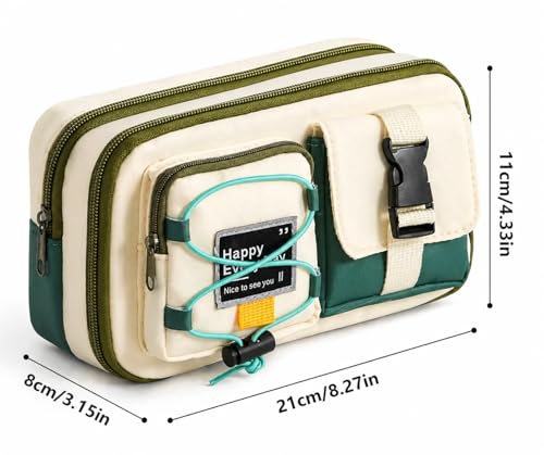 Image of Multi-Compartment Pencil Pouch Large Capacity Pen Case with Zipper & Buckle Pocket, Durable Canvas Stationery Organizer for School Office Travel, Stylish Storage Case (Green Happy Every Day)
