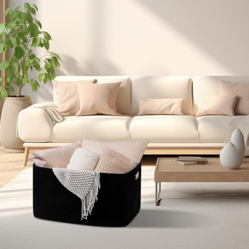 Image of OIAHOMY 75L Large Blanket Basket, Storage Baskets with Handle, Rectangle Woven Cotton Rope Basket, Toy Organizer Bins, 22 inch x 17 inchx 12 inch in,Charcoal Black