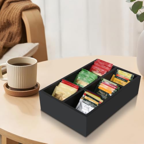 Tea Bag Box Wooden Black, 6 Compartments Wood Tea Bag Drawer Storage Organizer, Large Capacity Tea Holder for Coffee Station, Sugar Packet, Sweeteners, Beverage Supplies - Image 2