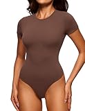 CRZ YOGA Cotton Short Sleeve Bodysuit for Women Casual Basic T Shirts Top Soft Breathable Crew Neck Sexy Thong Body Suit Coffee Brown Medium