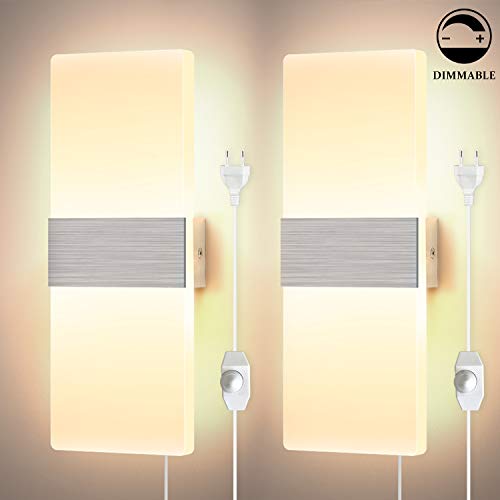 Glighone 2Pcs Appliques Murales Dimmable LED Lampe Murale Moderne12W Acrylique Intérieur Avec Interrupteur et Prise pour Chambre Salon Couloir Argent, Blanc Chaud [Classe Énergétique A ++]