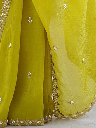 Image of Sidhidata Women's Crunchy Chiffon Embroidered Saree With Handwork Pearl Saree With Embroidered Unstitched Blouse Piece (Crunchy Mustard Mustard Free Size)