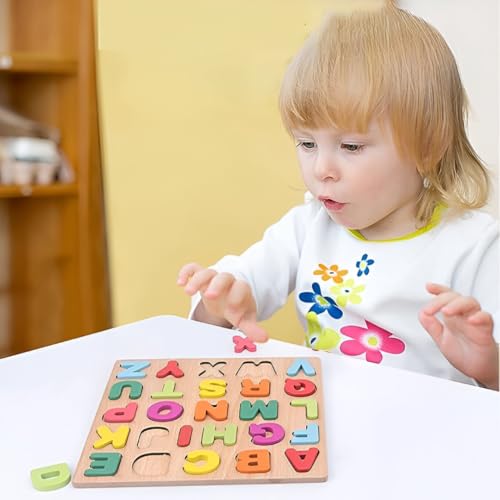 Image of Kids Wooden Puzzle Learning Toy with ABC Alphabets Numbers & Shapes, 3D Matching Activity Board for Toddlers, Montessori Educational Game for Preschool Learning, Hand Eye Coordination