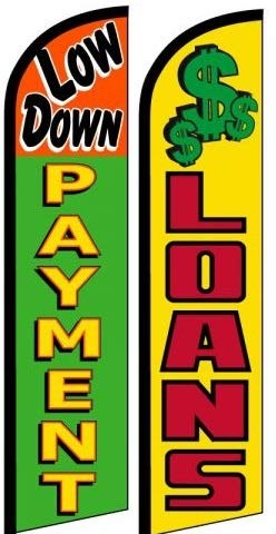 OnPoint Wares Low Down Payment Loan King Size Flags – Pack of 2, Advertising Marketing Sign, Weatherproof Polyester Banner for Business (Hardware Not Included, FI)