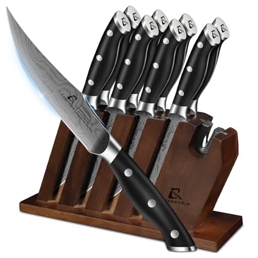 CoquusAid Steak Knives Set of 8 with Block Built-in Sharpener, 4.8 Inch Non Serrated Razor-Sharp Durable Dinner Knives, German Stainless Steel Damascus Pattern Full Tang Forged, Easy to Maintain