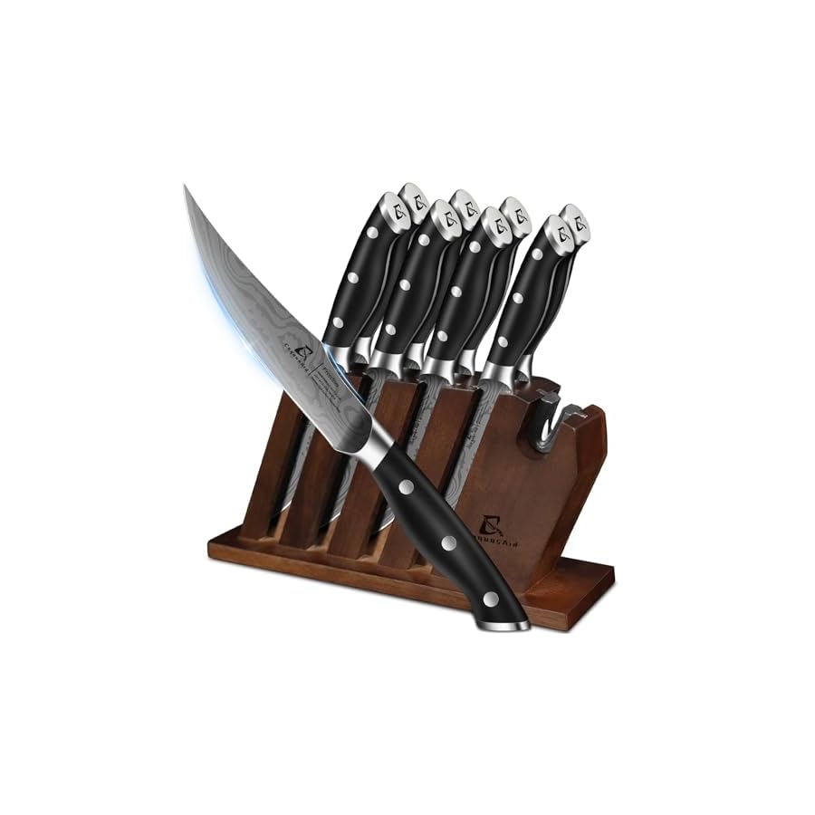 Steak-Knives-Set-of-8-with-Block-Built-in-Sharpener-48-Inch-Non-Serrated-Razor-Sharp-Durable-Dinner-Knives-German-Stainless-Steel-Damascus-Pattern-Full-Tang-Forged-Easy-to-Maintain CoquusAid Steak Knives Set of 8 with Block Built-in Sharpener, 4.8 Inch Non Serrated Razor-Sharp Durable Dinner Knives, German Stainless Steel Damascus Pattern Full Tang Forged, Easy to Maintain