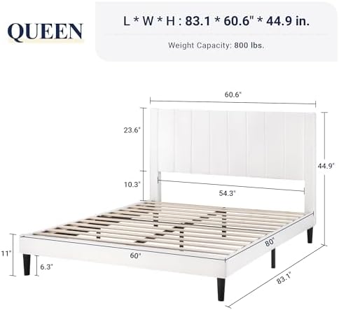 Allewie Queen Bed Frame/Velvet Upholstered Bed Frame with Vertical Channel Tufted Headboard/Strong Wooden Slats/Platform Bed Frame/Mattress Foundation/Box Spring Optional/Easy Assembly/White