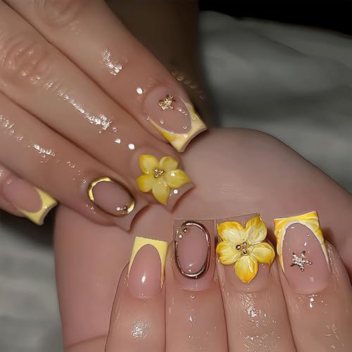 Yellow French Tip Press On Nails Medium Coffin Fake Nails 3D Flower Nails Press Ons With Gold Circle & Starfish Design Acrylic Nails Summer Floral Stick On Nails Glossy Glue On Nails For Women 24Pcs