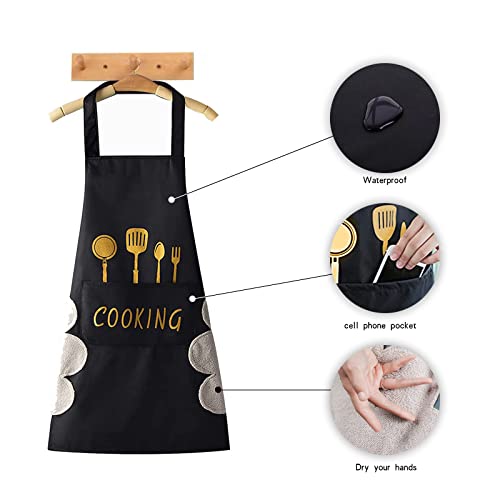 UESDU Cooking Apron 2PCS Grill Apron Personalized Black and Brown Work Apron with Wipe Cloth and Pockets Waterproof Kitchen Apron for Men Women - Image 4