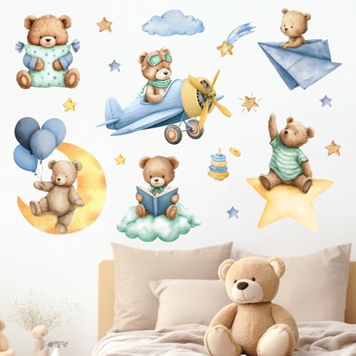 Vinilos decorativos para pared con diseño de oso y avión azul miniatura 1