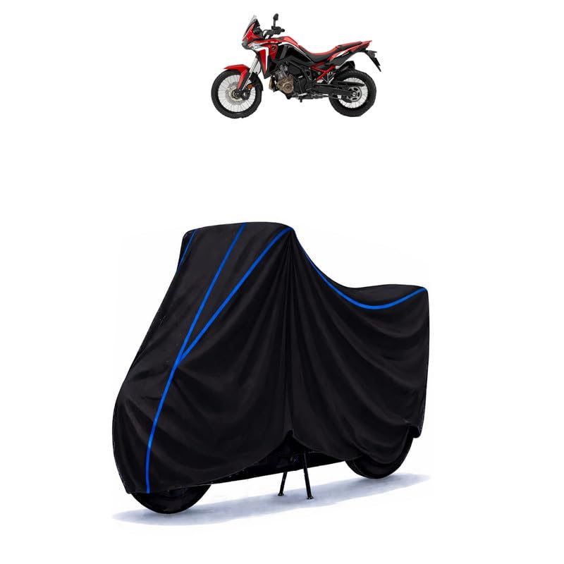 Image of Africa Twin DCT Bike Cover Water Resistant Universal Motorcycle Rain | Heavy Duty UV Protection, Dust, Scratch Indoor Outdoor All Weather with Black Blue Piping Elastic