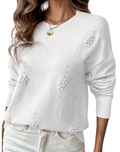 Women's Sweater Pearl Embellished Knit Sweater, Long Sleeve Crew Neck Pullover