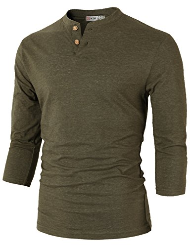 H2H Mens Casual Slim Fit Henley T-Shirt 3/4Sleeves OliveGreen US L/Asia XL (CMTTS0194)