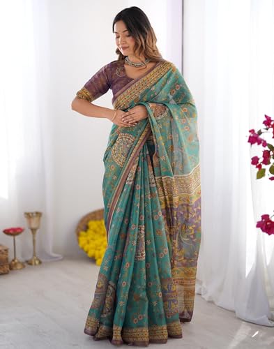 Image of SIRIL Women's Cotton Linen Kalamkari Printed Handloom Saree with Unstitched Blouse Piece