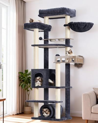 Gitelsnour Cat Tree with Tunnel, Cat Tower for Indoor Cats, Tall Cat Tree Tower with Cat Condo, Food Station, Large Platform, Scratching Posts, Hammock, Smoky Gray GCT021G