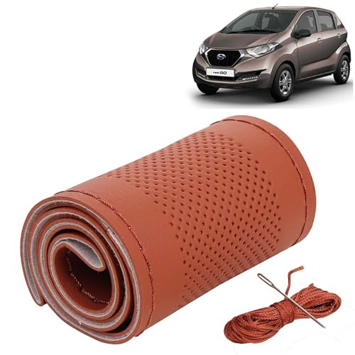 Image of KINGSWAY PU Leatherite Car Steering Cover Sewable Compatible with Datsun Redi Go (Year 2016 Onwards), Tan Color with Tan Thread, Pack of 1 with Sewing Needle and Thread
