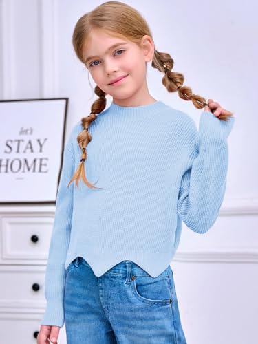 Image of Haloumoning Girls Mock Neck Sweaters Kids Fall Fashion Long Batwing Sleeve Rib Knit Pullover Clothes 5-14 Years Light Blue