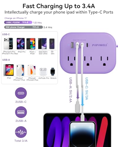 Image of Purple Extension Cord-, 5 FT Kawaii Travel Power Strip, 1250W Cute Extension Cord with 3 AC Outlet 4 USB Desktop Charging Station, Purple Desk Accessories for Cruise Essentials, Travel, Home, Dorm.