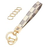 OHKYOOT Leather Wristlet Keychain,Wrist Keychain Car Key Chain with 5 Key Ring and Anti-Lost D Ring (Off White)