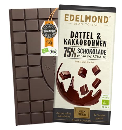 Edelmond Bio 75% Dattel-Schokolade aus Kakaobohnen gewalzt. Süße durch Dattel, ohne weiteren Zuckerzusatz. Single Origin Kakao Bio, Fair Trade. (75g, 1 Tafel)