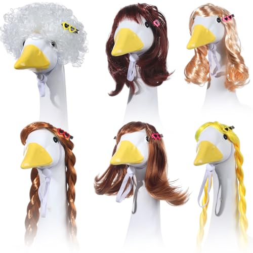 6 Pcs Porch Goose Wigs with Hair Clips Cute Lawn Statue Braid Wigs Funny Porch Goose Outfits Costume Cute Outdoor Statue Accessories for 17in 23in Outdoor Garden Patio Yard Goosey Decoration