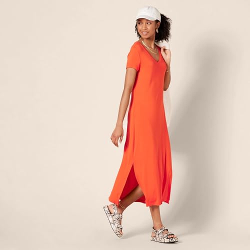Image of Amazon Essentials Women's Regular Fit Jersey V-Neck Short Sleeve Midi Length T-Shirt Dress, Soft Viscose Stretch Jersey with Side Slits