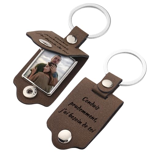 AAQ Porte clef personnalisable - porte clé personnalisé recto-verso avec photo et texte, idee cadeau anniversaire femme homme personnalisé (Cuir)