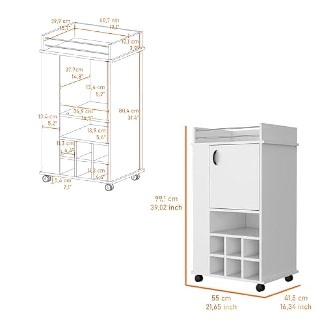 1-Door Bar Cart with Wine Rack and Casters,for Kitchen(White)-tbMBz63N