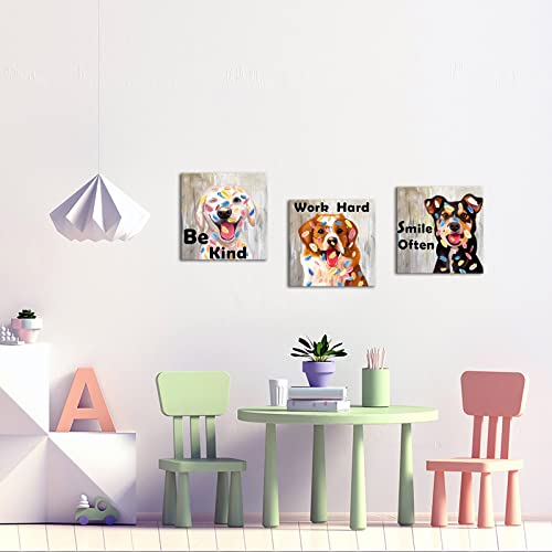 Lovehouse Funny Dog Pictures Wall Art 3 Piece Puppy Canvas Prints Wall Decor Pet Animal With Motivational Quote Artwork Gallery Wrapped For Office Kids Boy Room 12X12Inchx3 Panel #TOP1