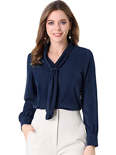Allegra K Women's Dressy Long Sleeve Blouses Chiffon Pleated Tie Neck Office Top Shirt X-Large Navy Blue