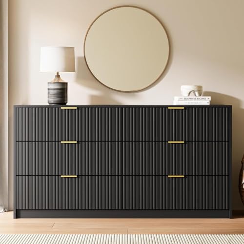 Image of MAISONARIA Black 6 Drawer Dresser for Bedroom, 55 inch Wide Modern Chest of Drawers with Gold Metal Handles, Fluted Wood TV Stand for Living Room, Hallway