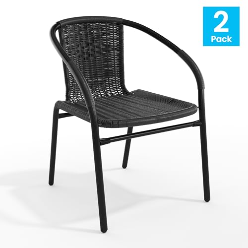 Image of Flash Furniture Modern Rattan Indoor /Outdoor Restaurant Dining Chairs, Stackable Rattan Bistro Chairs for Patio or Restaurant, Set of 2, Black