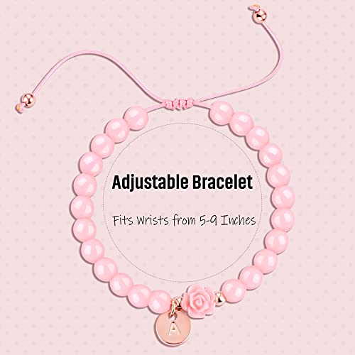 Image of Flower Girl Gift Initial Bracelet for Teen Girl with Flower Pink Beaded Bracelet with Initial Rose Bridesmaid Gift Jewelry Teen Girl Trendy Stuff