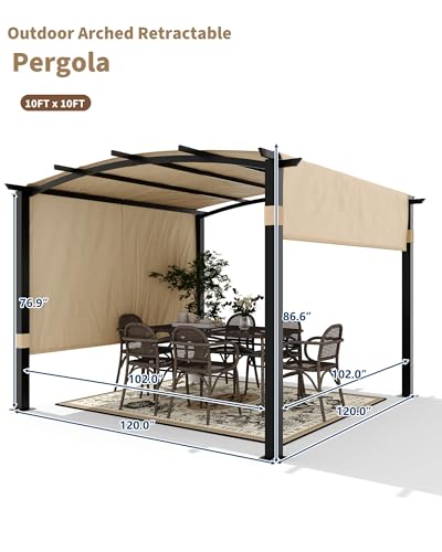 Image of KYBOLT 10x10 Ft Outdoor Arched Pergola Metal Gazebo with Retractable Sun Shade for Backyard Deck Garden Lawns Porch(Khaki)