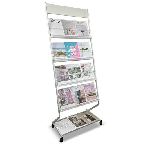 tongmo Floor-Standing Magazine Rack 4-Layer with Wheels, Brochure Display Stand, High-hardness metal for Exhibitions, Office, and Any Organization Requiring Information Display (White)