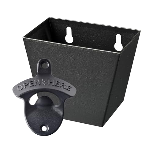HAIICEN Black Bottle Opener Wall Mounted Beer Opener with Cap Catcher Bucket Stainless Mountable for Post Table