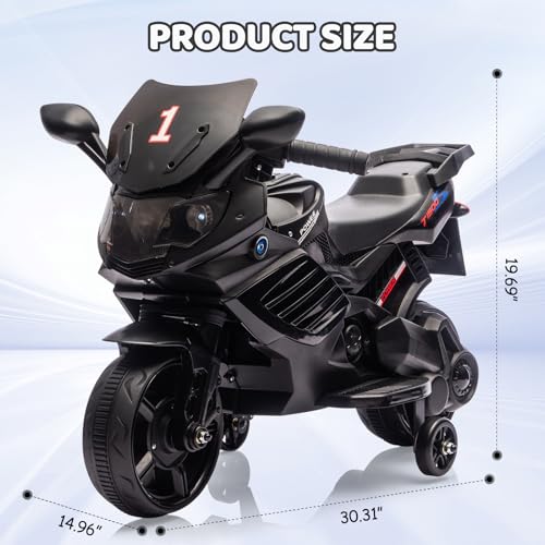 Kids Ride On Motorcycle, 6V Battery Powered Electric Motorcycle, w/Treaded Tires, Horn, Working Headlight, Music, Training Wheels, Stable Ride On Toys for Kids Toddler Boys Girls 3-6, Black by Patikuin - Used condition - Image 8